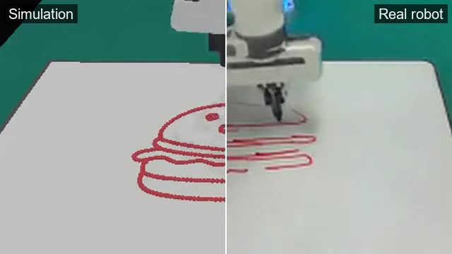 Simulated and real robots drawing a hamburger