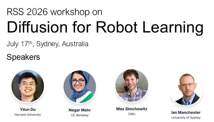 RSS 2026 Diffusion for Robot Learning poster, showing the title and four invited speakers